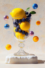 High-definition, high-resolution photograph of a whimsical, gravity-defying fruit arrangement inside a glass, with lemons, blueberries, and oranges stacked neatly. The scene is enhanced by stylized, v