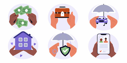 Set of six circular icons representing different types of insurance and financial security