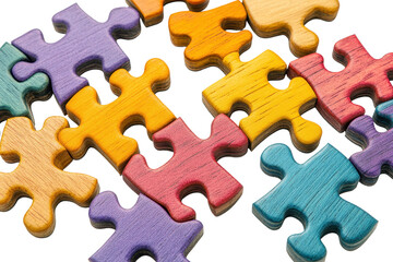 Fototapeta premium Colorful handcrafted wooden puzzle pieces arranged on a white surface showcasing vibrant hues and unique designs created by artisans, perfect for educational and recreational activities