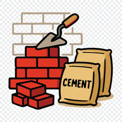 Brick Wall Construction with Cement Bags and Masonry Tools and brick wall, construction, masonry, red bricks, cement bags, trowel, building materials, construction site, bricklaying, cement.