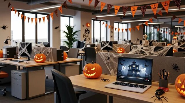 Festive Halloween Office Decor - A modern office space is decorated for Halloween with jack-o'-lanterns, spiderwebs, and Halloween bunting. A laptop displays a spooky Halloween video.