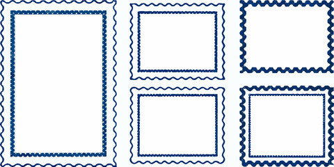 Collection of five blue decorative postage stamp borders on white background