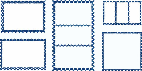 Collection of decorative blue frames with wavy edges and perforated borders on white background