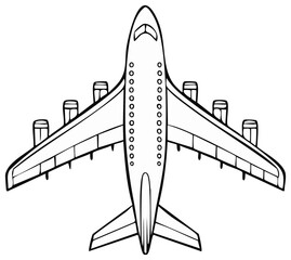 Obraz premium Clean line art illustration of a large wide body commercial passenger airplane seen from a direct overhead perspective, flight travel concept