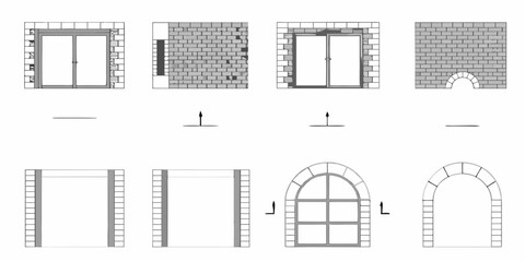 Construction stages of a brick archway and window openings in a wall