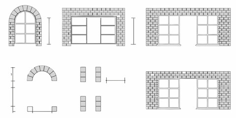 Architectural drawing of different window designs and brick construction elements with measurements