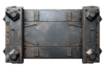 Solid steel bank vault door with intricate design and heavy security features displayed against a plain background