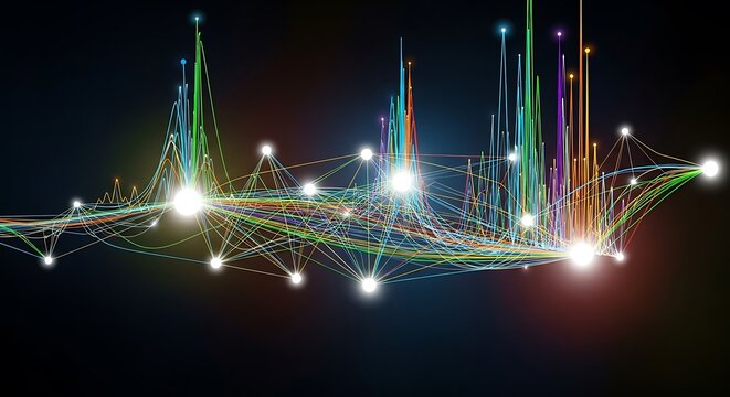 Abstract Data Visualization: Colorful Lines and Glowing Nodes on Black.
