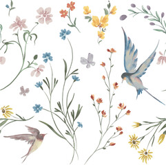 Seamless beauty flower and bird aesthetic pattern art illustration
