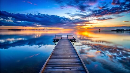 Fototapeta premium Wooden Pier Leading to a Calm Lake at Sunset with Stunning Colorful Evening Sky