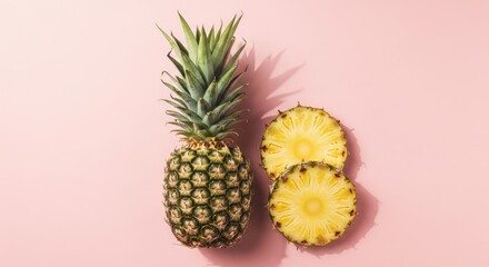 Fototapeta premium Pineapple and slices rest on pale pink backdrop, lit from above