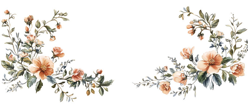 Floral design with peach colored roses and green leaves for wedding invitations and cards design  | png cutout isolated on transparent backddrop