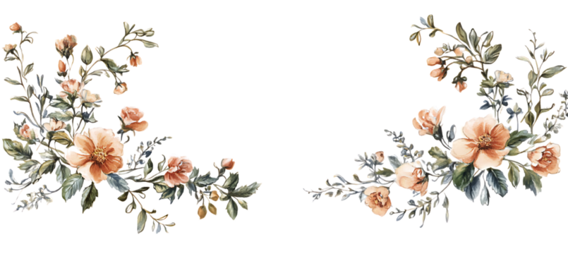 Floral design with peach colored roses and green leaves for wedding invitations and cards design | png cutout isolated on transparent backddrop