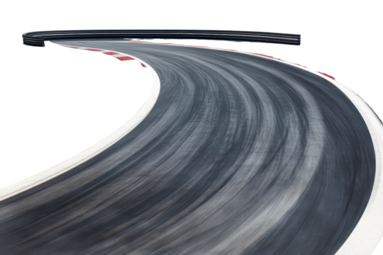Race track featuring sharp curve with evident skid marks, demonstrating high-speed maneuvers under bright conditions