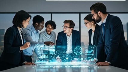 Diverse Business Team Collaborating on Holographic Interface - A diverse group of business professionals gathers around a large holographic table, intently studying and interacting with data - Powered by Adobe