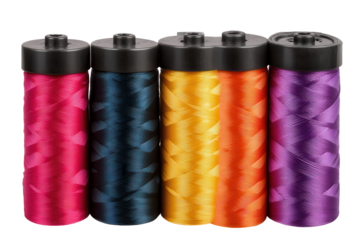 Colorful spools of thread arranged in a row displaying vibrant hues including pink, blue, orange, and purple for crafting and sewing projects