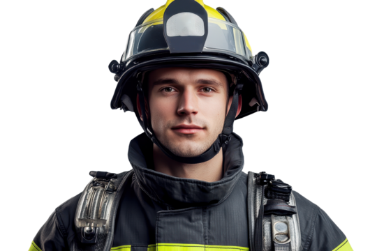 Firefighter in full uniform with helmet ready for action stationed at a firehouse exhibiting dedication and readiness to respond to emergencies in urban setting