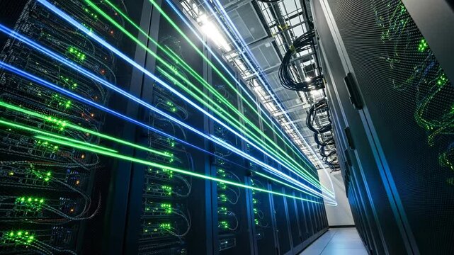 High-Speed Data Flow in Modern Data Center - Low-angle view of a data center server room with vibrant green and blue light streaks representing high-speed data flow, showcasing advanced technology