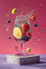 A powerful, full HD image of a conceptual beverage with a lemon slice, a strawberry, and blueberries seemingly frozen in mid-air above the glass, with a cascade of colorful, suspended droplets falling