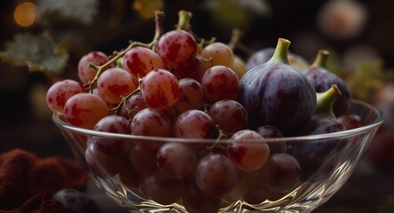 Luxurious Still Life: Ripe Red Grapes and Deep Purple Fig in Crystal Bowl