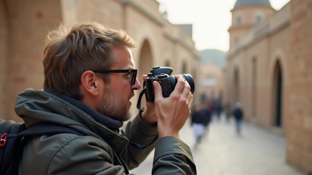 Traveling photographer taking photos of old city