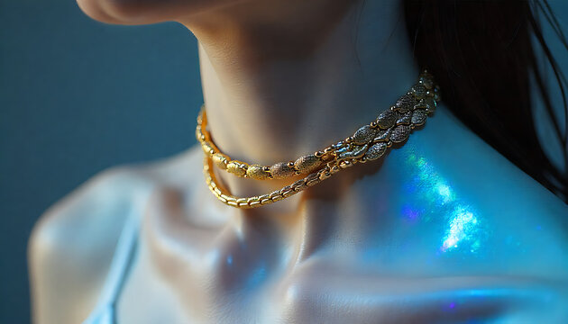 Layered gold choker with delicate chain segments draped on a model, 4K and HD image 