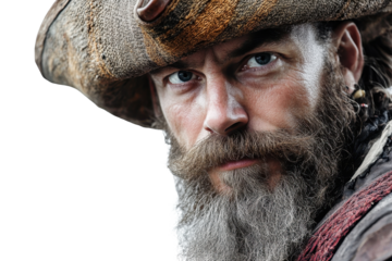 Bearded pirate wearing a wide-brimmed hat gazes intensely with a fierce expression against a neutral background