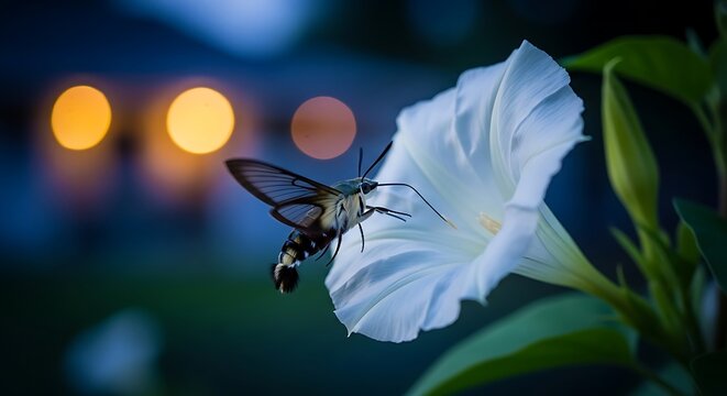 Hummingbird moth gracefully approaches moonflower in twilight garden