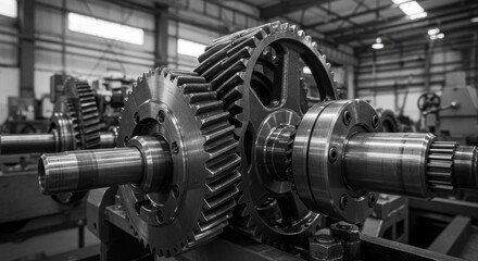 Interlocking Industrial Gears and Cogwheels in a Mechanical Workshop with Bright Lighting and Metallic Texture