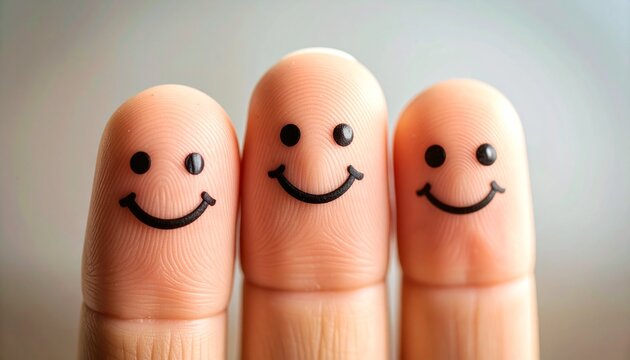 A close-up of three human fingers with cheerful smiling faces drawn on them, symbolizing unity, friendship, and positive emotions