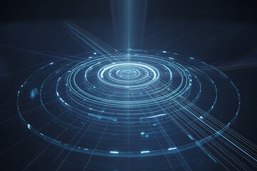Abstract futuristic circular digital interface with glowing blue light trails and concentric rings