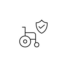 Verified mobility support, trusted wheelchair user protection, secure accessibility. Wheelchair, shield and checkmark. Pixel perfect, editable stroke vector icon