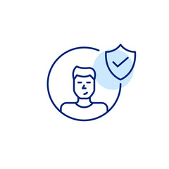 Certified membership, safe data access, authenticated profile. User avatar, shield and checkmark. Pixel perfect, editable stroke vector icon