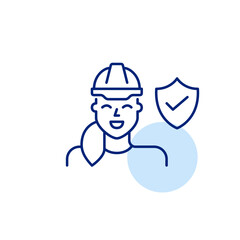 Female engineer in hard hat. Verified worker safety, trusted construction protection, secure job site. Pixel perfect, editable stroke vector icon