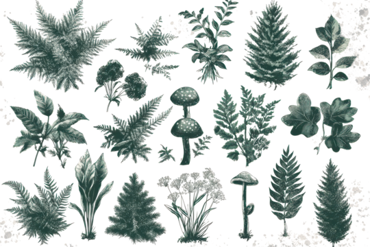 Exploring a diverse collection of hand-drawn botanical illustrations featuring various ferns, mushrooms, and plants in a vintage style suitable for gardening and nature enthusiasts - Powered by Adobe