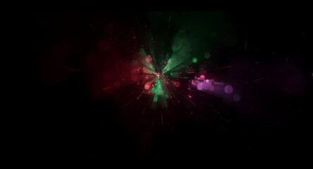 Radiant Hyperspace Burst with Red, Green, and Purple Light Trails and Bokeh Particles.