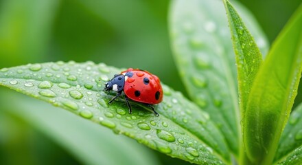 Red ladybug with black spots rests on a vibrant, dew-covered green leaf