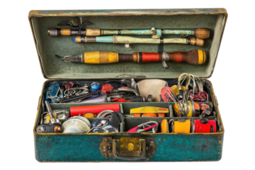 Fishing tackle box filled with various fishing equipment including lures, hooks, and tools suitable for anglers in diverse fishing locations