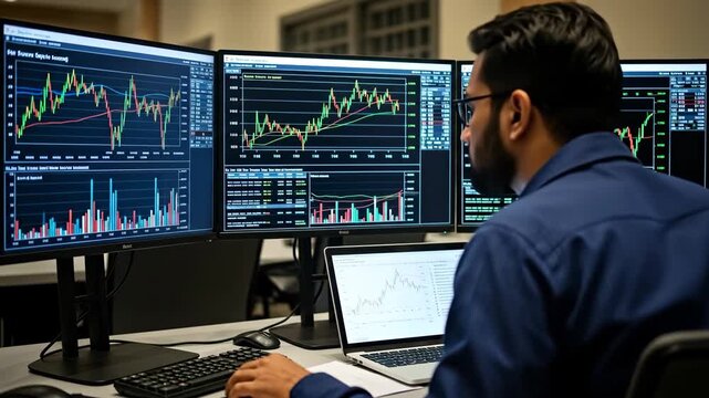 Indian Trader Analyzing Financial Market Data - A focused Indian trader intently studies multiple screens displaying complex financial graphs and market data, actively working to make informed