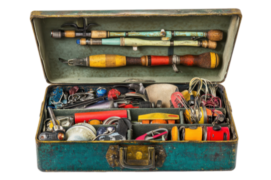 Fishing tackle box filled with various fishing equipment including lures, hooks, and tools suitable for anglers in diverse fishing locations