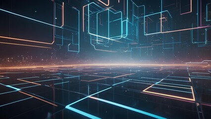 Futuristic digital grid with glowing neon circuit lines creating an abstract representation of infinite data flow in a virtual environment