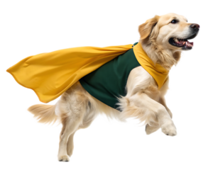 Golden retriever leaping in a superhero costume with a yellow cape against a white background studio shot