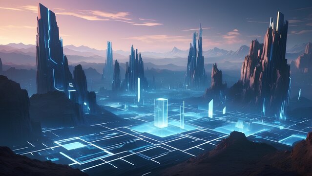 A sprawling alien landscape featuring a glowing blue cybernetic grid and a central energy core amidst crystalline mountains at sunrise