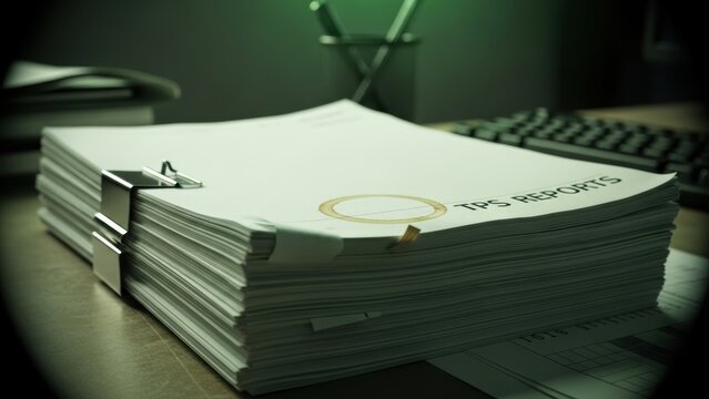A thick stack of TPS reports on an office desk, lit by a green desk lamp.