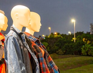Mannequins in clothing at twilight