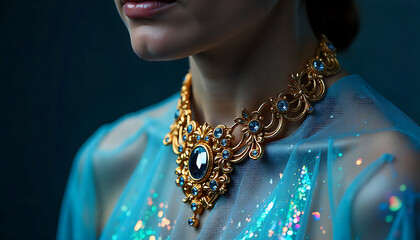 Ornate gold necklace on a model wearing a sheer blue fabric, featuring a large statement pendant with dark gemstone, 4K and HD image