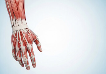 Medical model of a human hand anatomy with exposed tendons and wrist muscles on a white background, perfect for anatomy or rehabilitation study