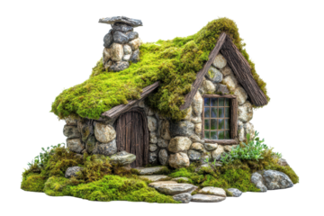 Enchanting moss cottage house surrounded by greenery in a magical fairytale setting evoking tranquility and charm