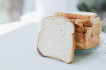 Close-up of stacked sliced white bread on a glass plate with a housefly resting on the surface. The image highlights food hygiene issues and contamination risks caused by insects.