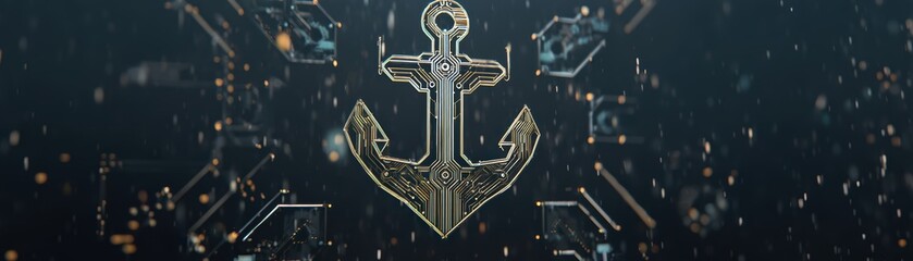 A digital navy emblem featuring holographic anchors, showcasing a modern design aesthetic and vibrant colors, Navy Birthday with AI © NingPhattraphorn